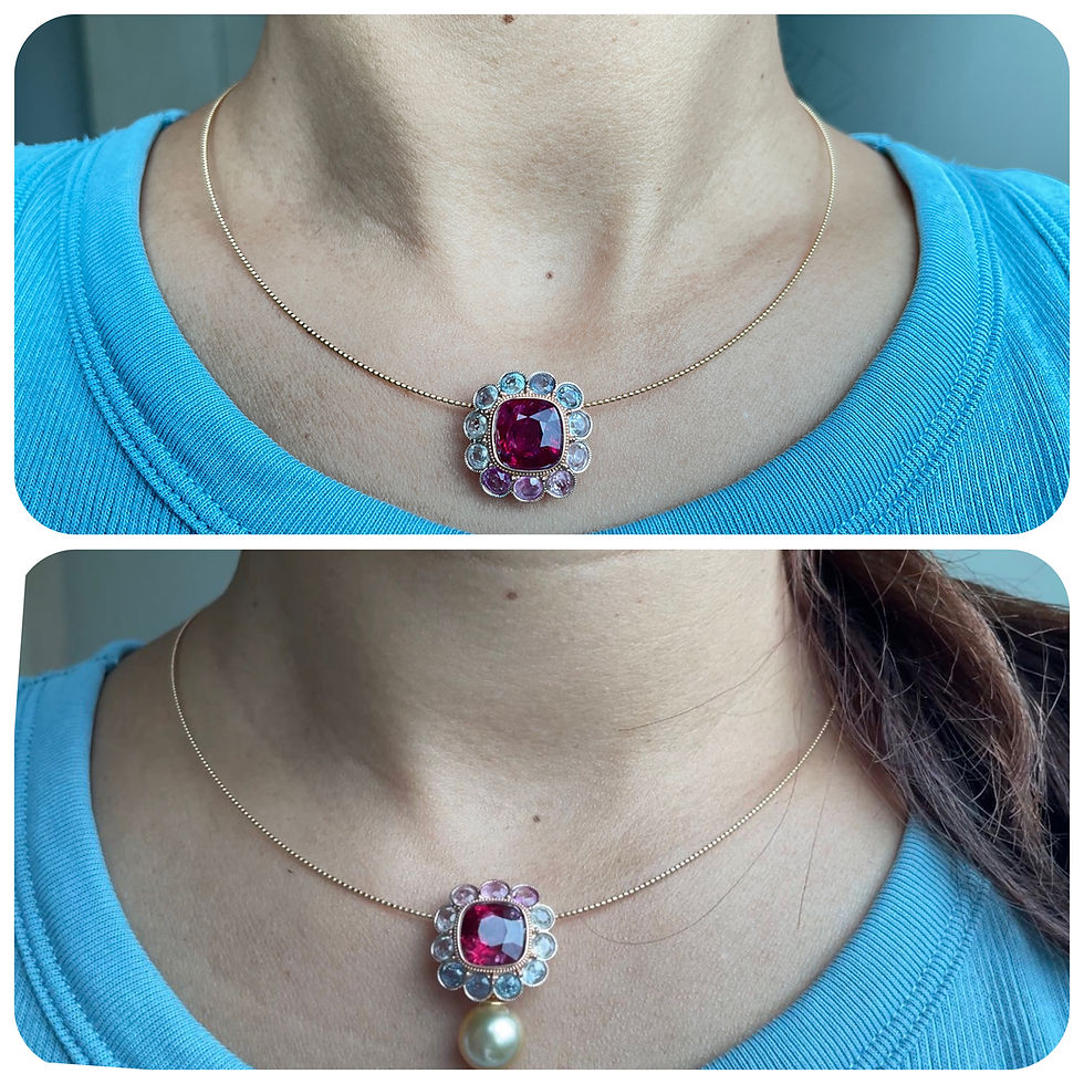 Thumbnail: 4.37Ct  No Heat Burma Red Spinel Pendant with pastel sapphires in 18k gold