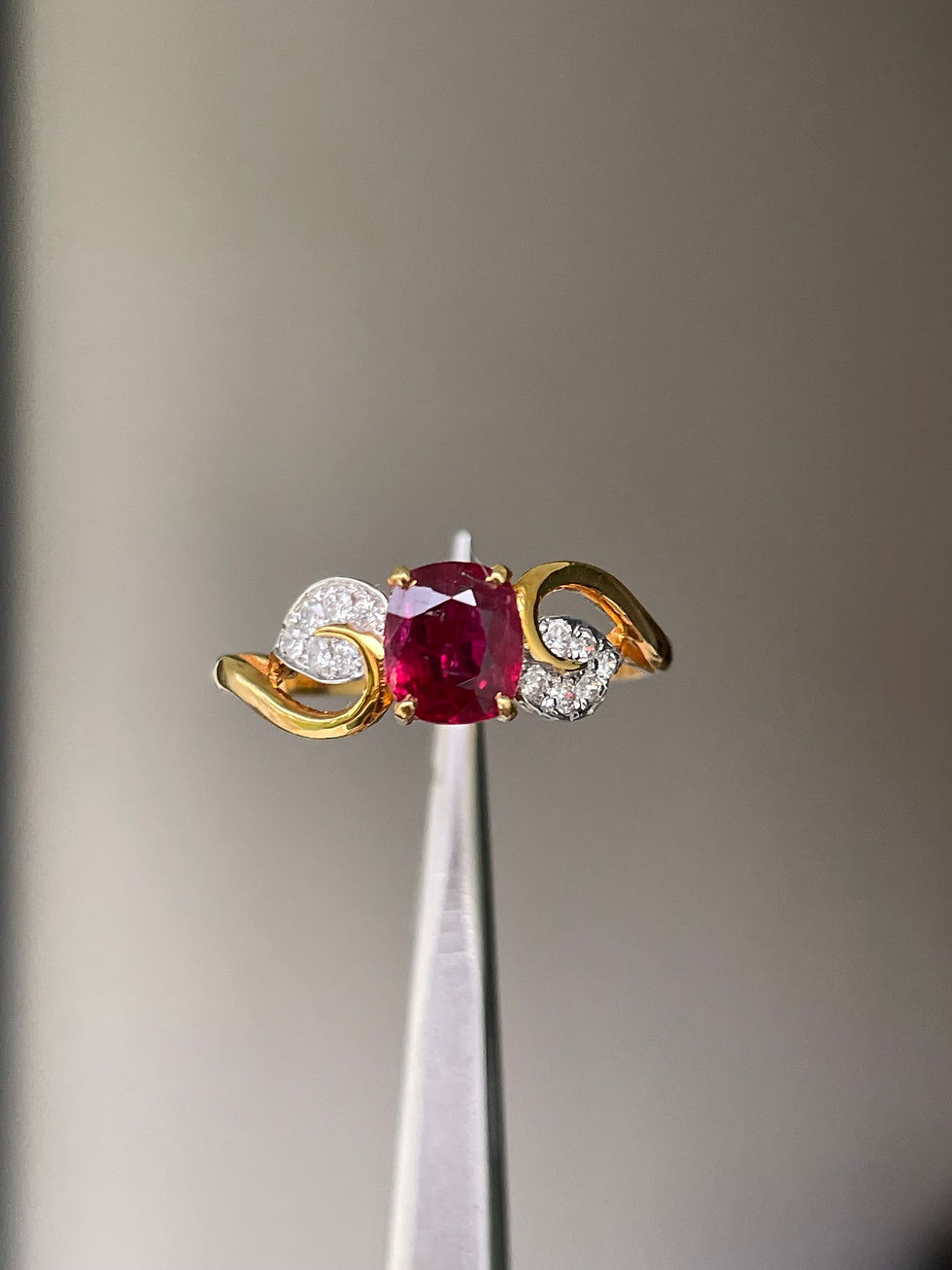 Thumbnail: 0.8Ct Unheated Burmese Ruby (pigeon blood ruby) and natural diamonds in 18k yell