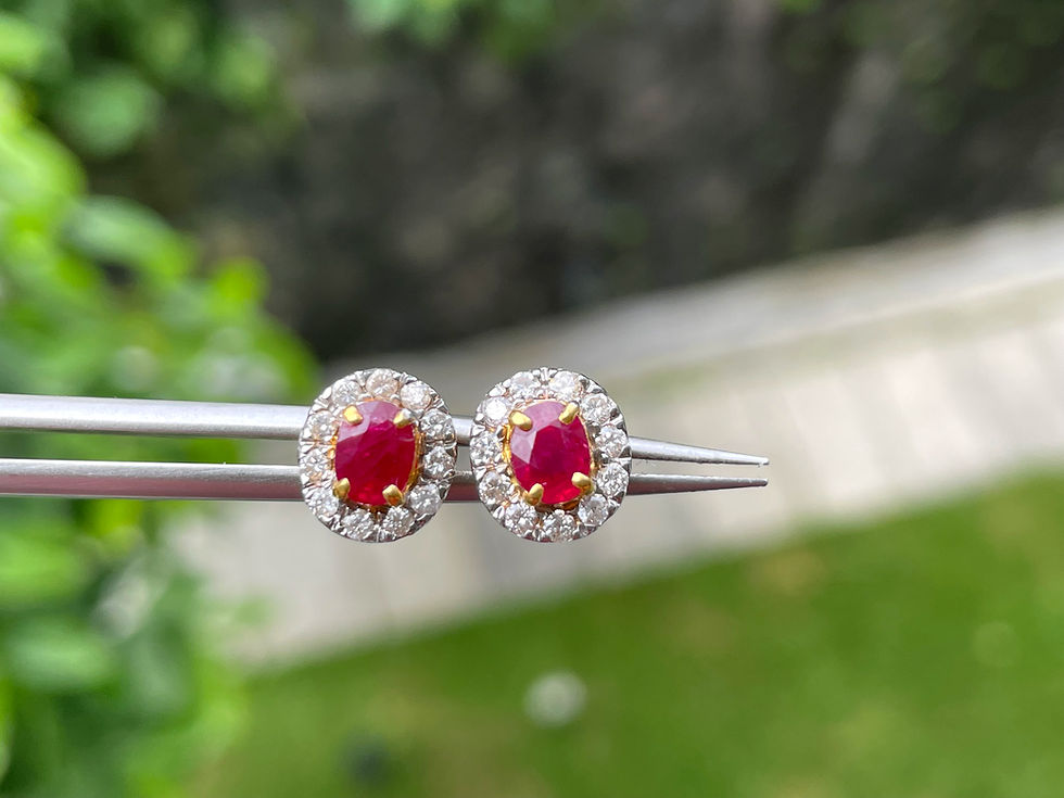 Thumbnail: Burmese Unheated Ruby and Natural diamond Halo Earring in 18k solid gold