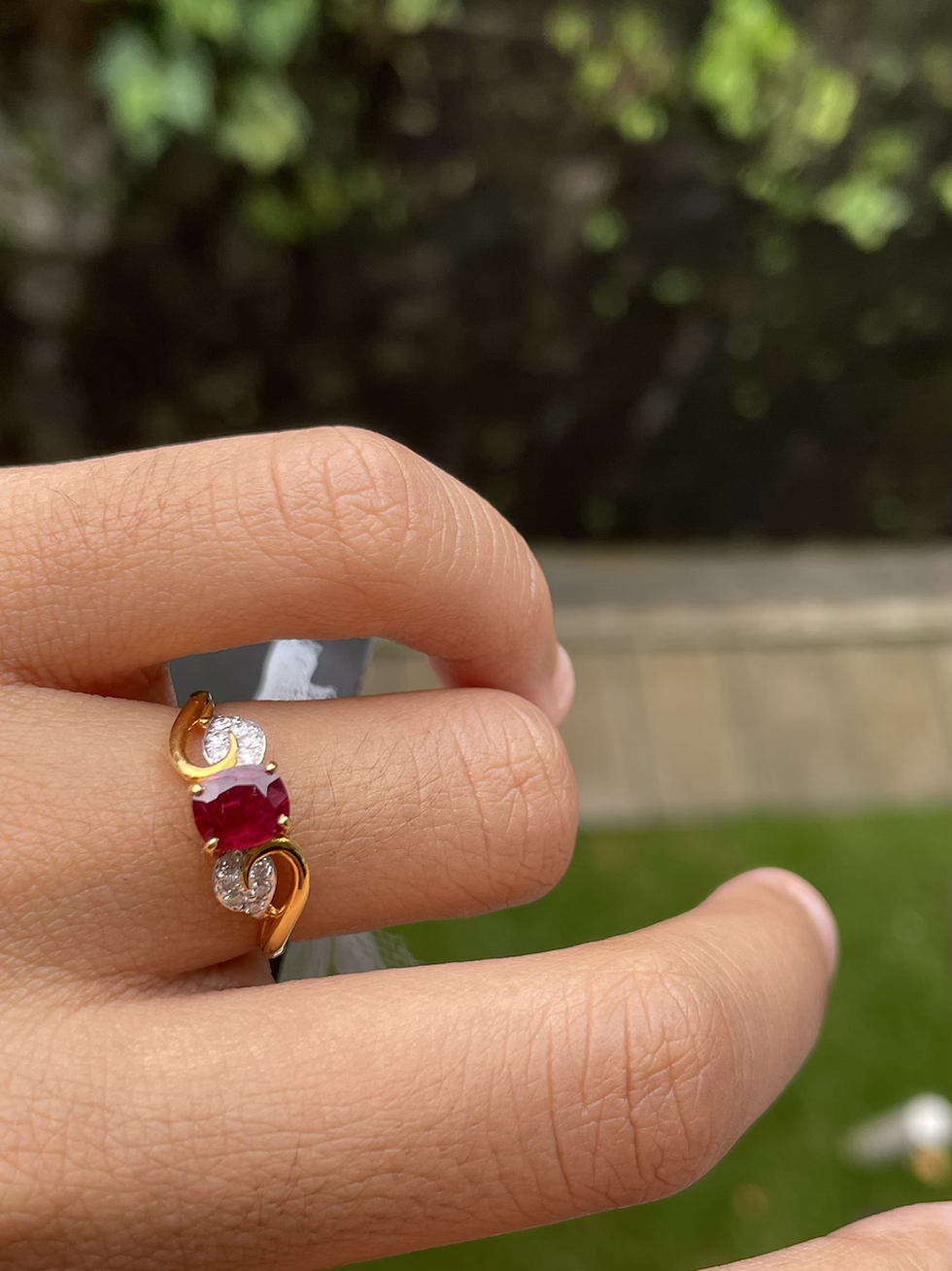 Thumbnail: 0.8Ct Unheated Burmese Ruby (pigeon blood ruby) and natural diamonds in 18k yell