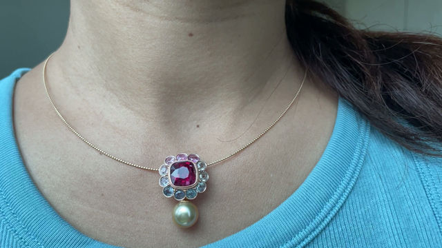 Thumbnail: 4.37Ct  No Heat Burma Red Spinel Pendant with pastel sapphires in 18k gold