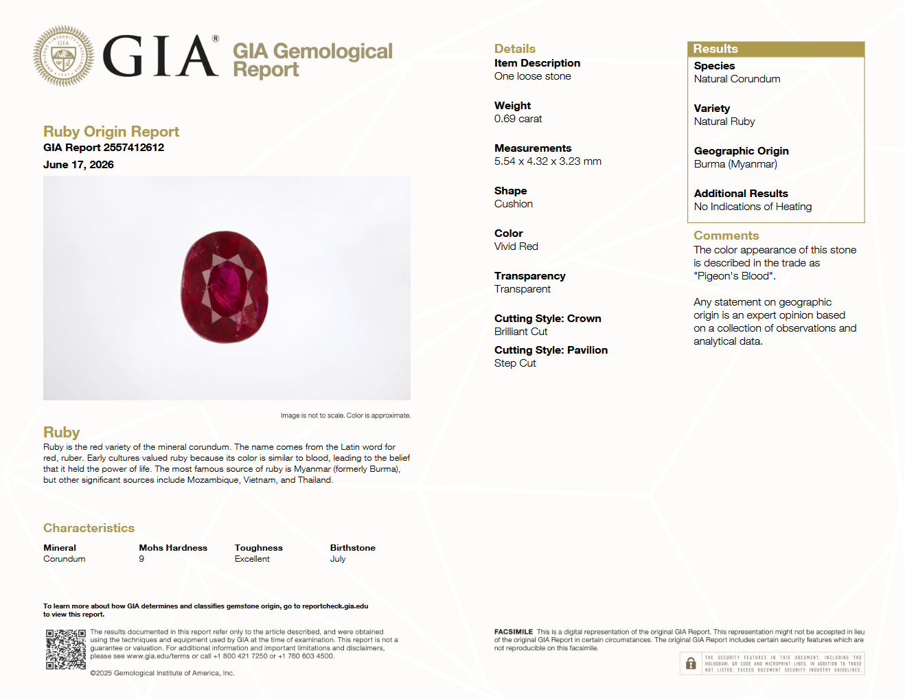 GIA 0.69ct Unheated Burma Pigeon Blood Ruby (5.54 x 4.32 x 3.23mm)