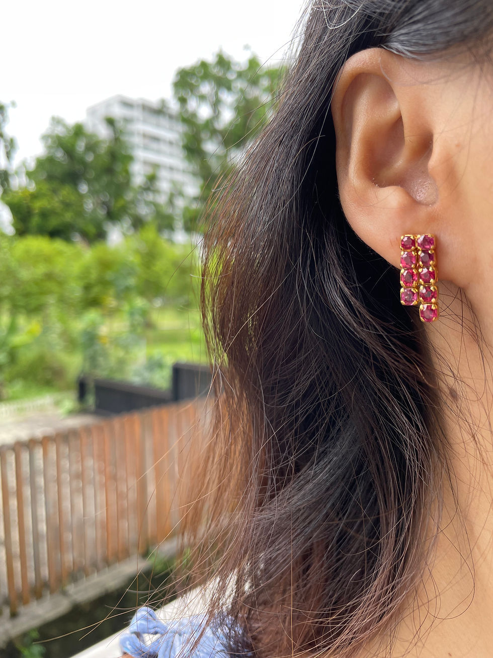 Thumbnail: Pink spinel earrings on model