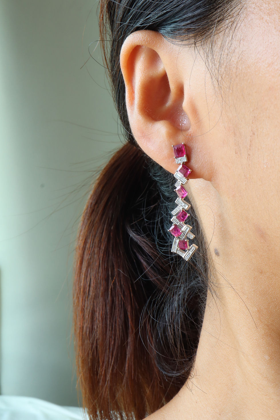 Thumbnail: Burma Unheated Ruby Cluster Drop Earring in 18k white Gold
