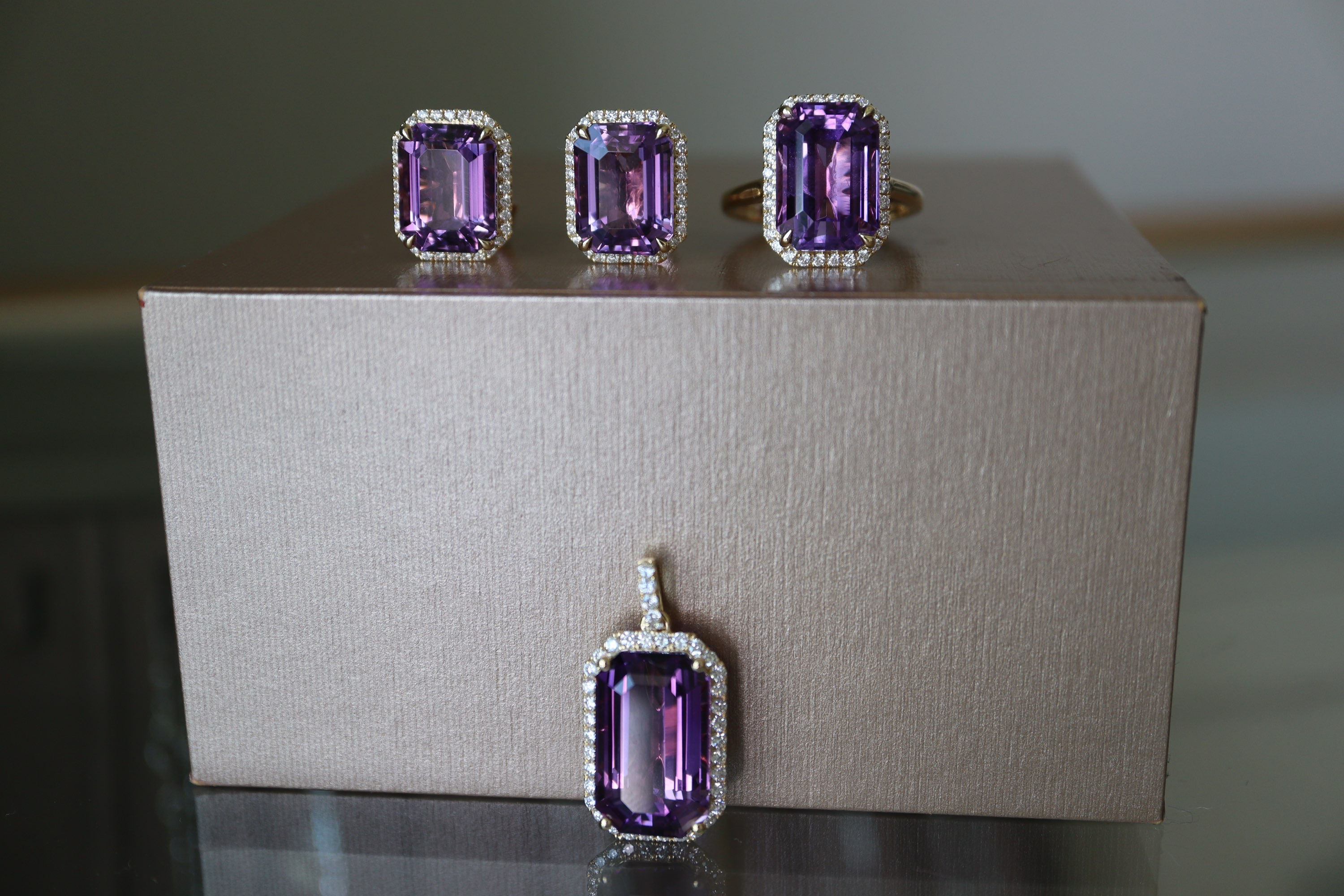 Amethyst and Natural Diamonds Set in 18k Yellow Gold