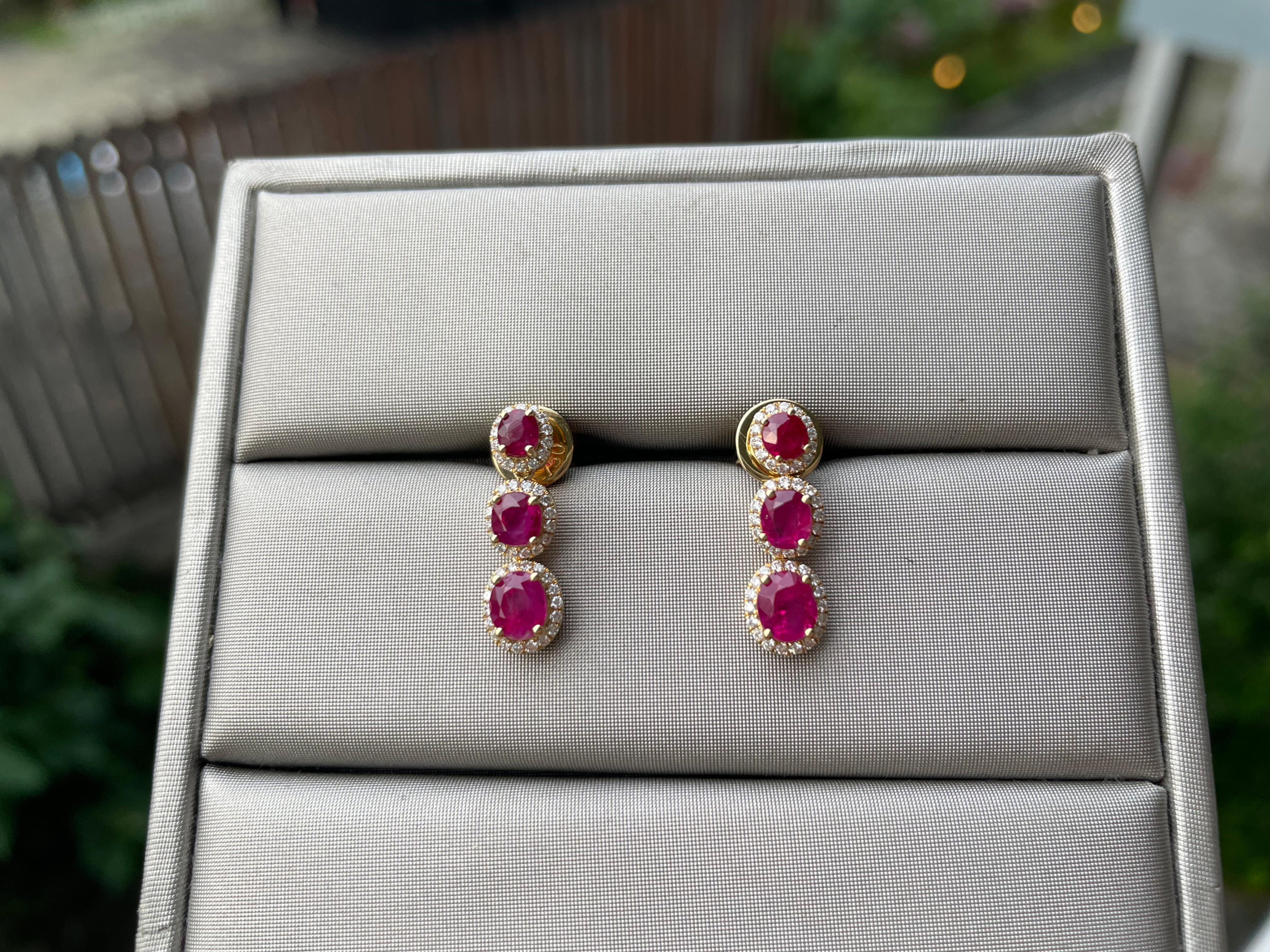Burmese Unheated Ruby and Natural diamond Halo Drop Earring in 18k solid gold