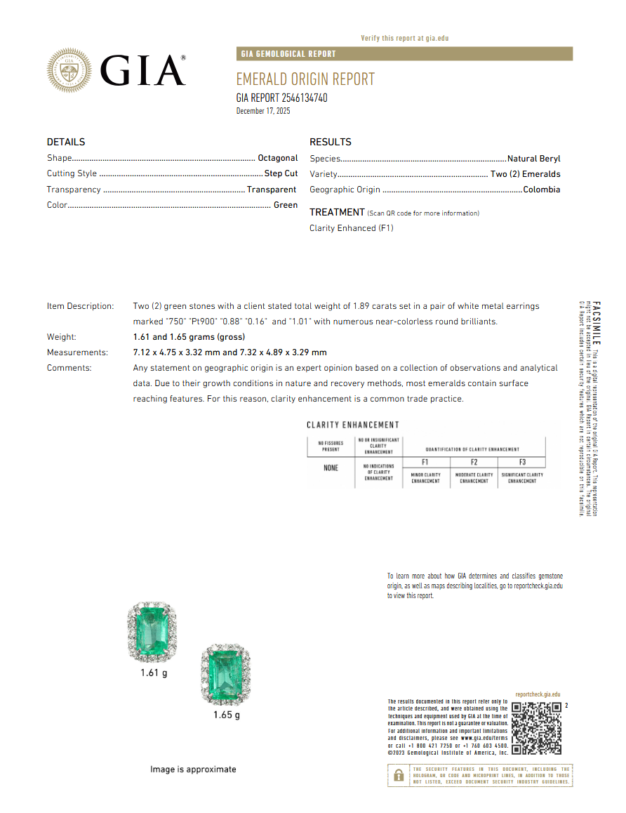GIA F1/Minor 1.89ct Natural Colombian Emerald Earrings