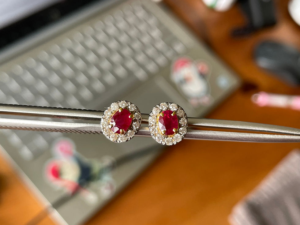 Thumbnail: Burmese Unheated Ruby and Natural diamond Halo Earring in 18k solid gold