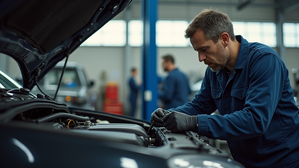 Eye-level view of a mechanic inspecting a car engine in a garage