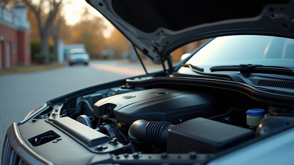 Eye-level view of car engine bay with open hood for inspection