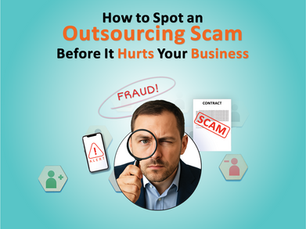 A serious-looking man holding a magnifying glass, surrounded by icons of a phone alert, a scam-labeled contract, and the word “FRAUD!” — visually representing how to spot an outsourcing scam before it affects your business.