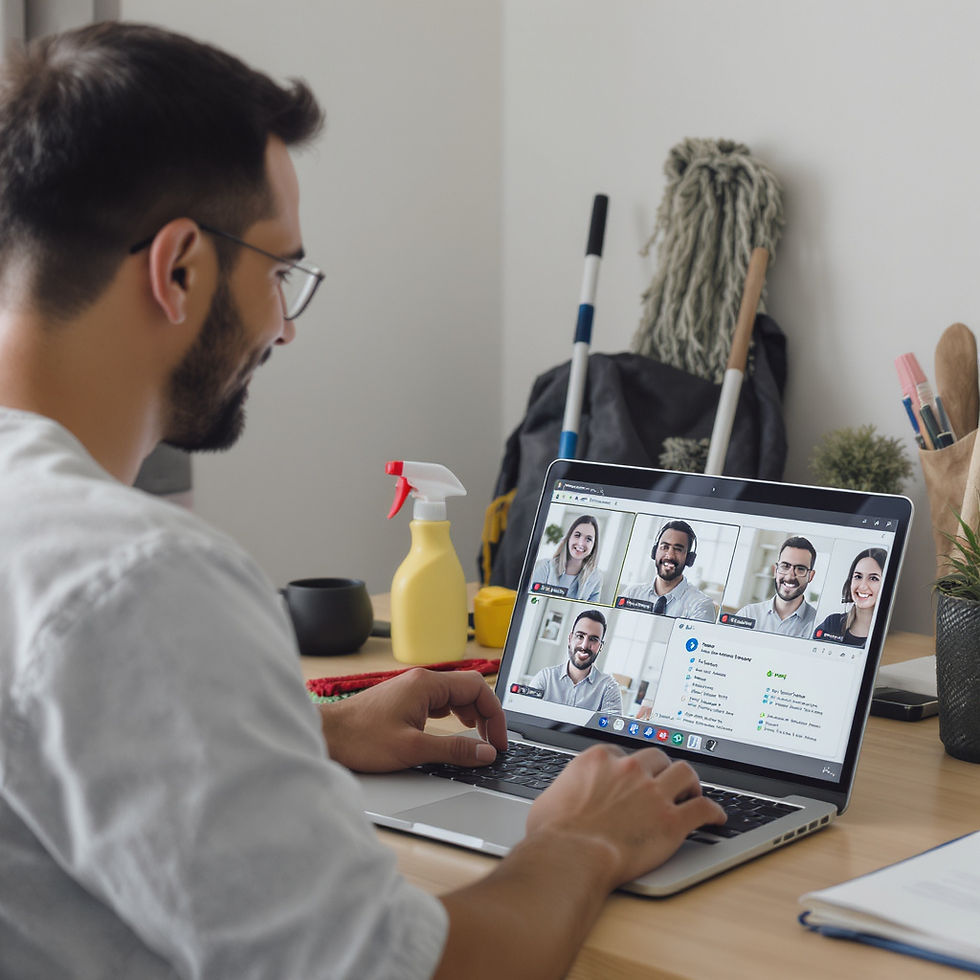 Man on a video call at a desk with a laptop. Cleaning supplies and a mop are in the background. The scene is calm and casual.