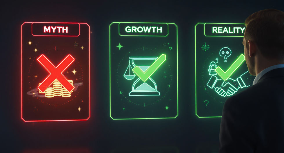 Man views a holographic display with panels labeled Myth (red X), Growth, Reality (green check marks) against a dark background.