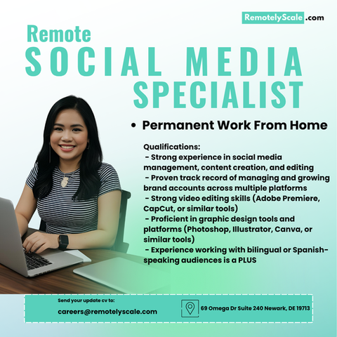 Remote Social Media Specialist job hiring at Remotely Scale offering permanent work-from-home opportunity. Qualifications include experience in social media management, content creation, video editing, and graphic design. Contact careers@remotelyscale.com.