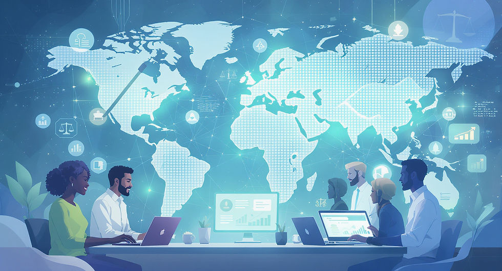People working on laptops in a tech-themed room with a glowing world map. Graphs and icons are overlayed on the map, indicating data analysis.