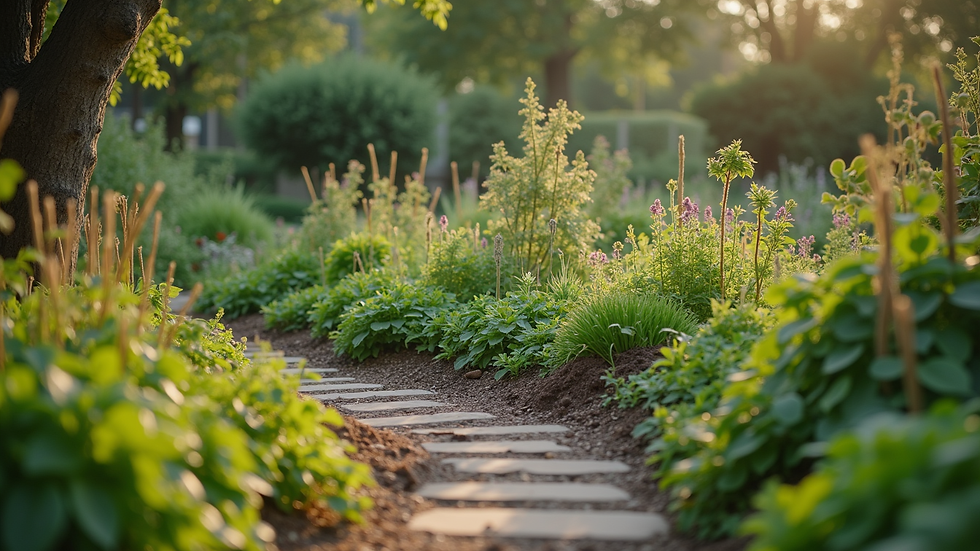 Wide angle view of a community garden with diverse plants