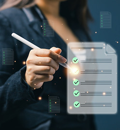Woman using digital stylus to check tasks on virtual checklist document, representing prod