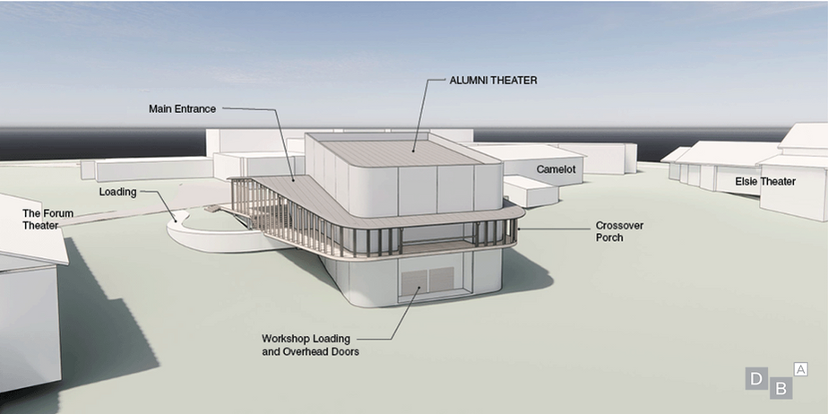 A rendering of the Stagedoor Manor Alumni Theater building from the back view with other buildings on campus. 