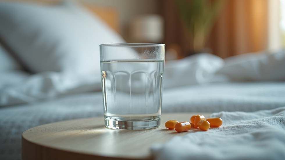 Close-up view of a glass of water and medication on a bedside table