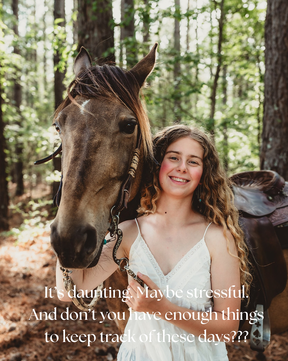 A teenage girl smiling at the camera with her horse next to her in the woods of Durham, North Carolina.