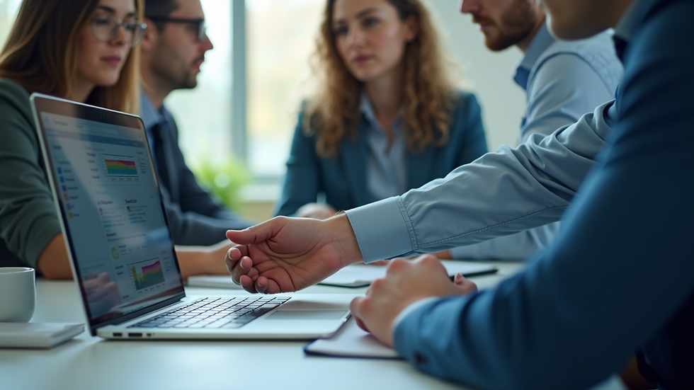 Close-up view of a consultant guiding a team through ERP system interface on a laptop
