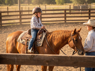 Child taking a riding lesson at Heritage Ranch summer day camp