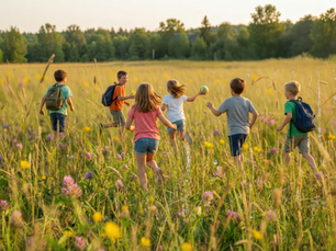 Children playing in a meadow at Heritage Ranch summer day camp