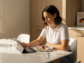 A woman in her 30s sits at a kitchen table with a healthy meal and a tablet, symbolizing the intersection of fasting, fertility, and women's health