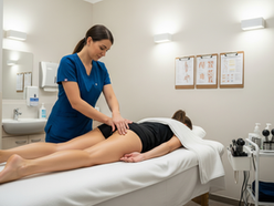 A medical massage therapist in Arvada, CO performing deep tissue work on a patient's hip for pain relief.