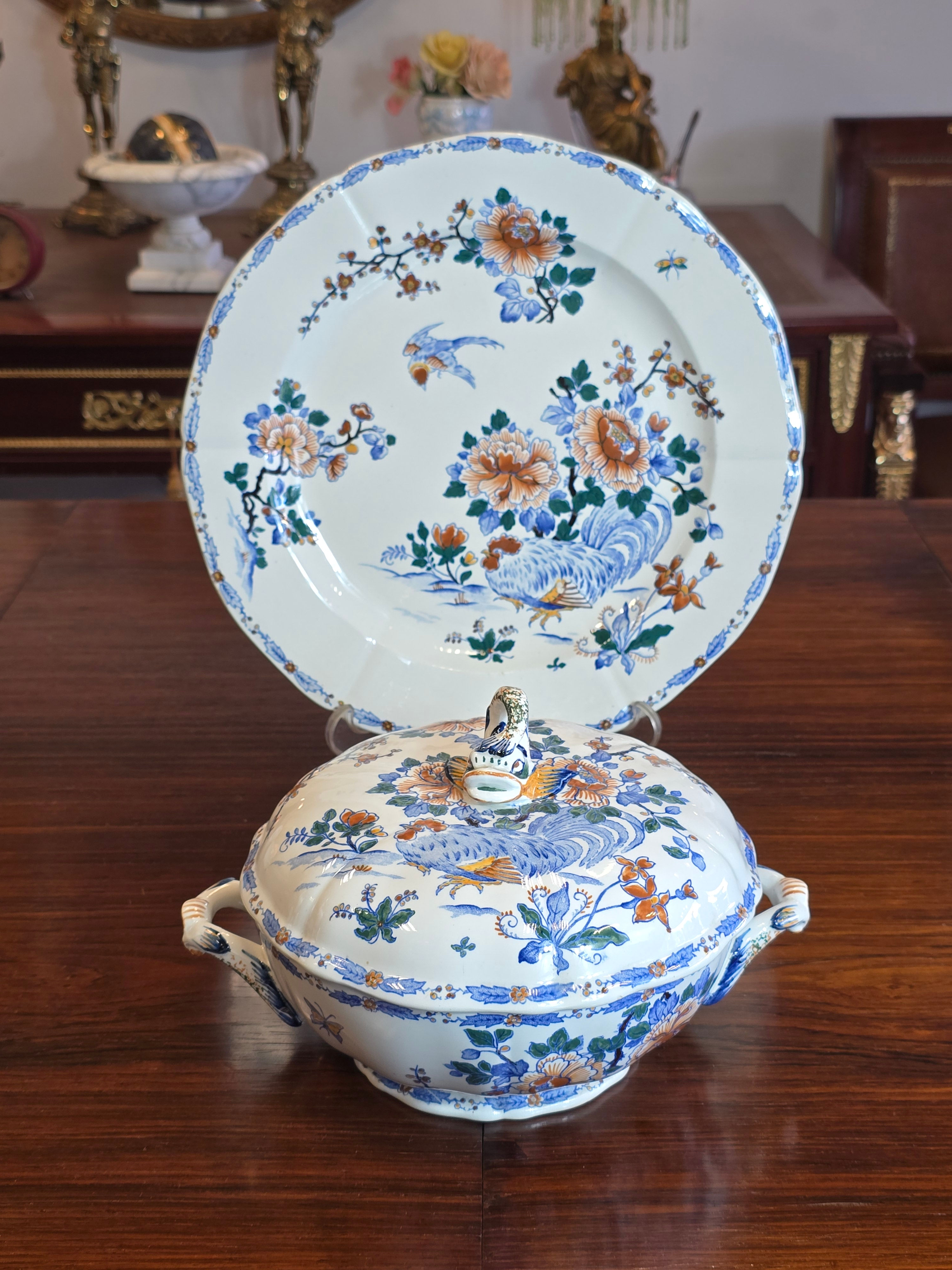 Faiança Francesa "Gien" Galos e Peónias" - Terrina e Prato