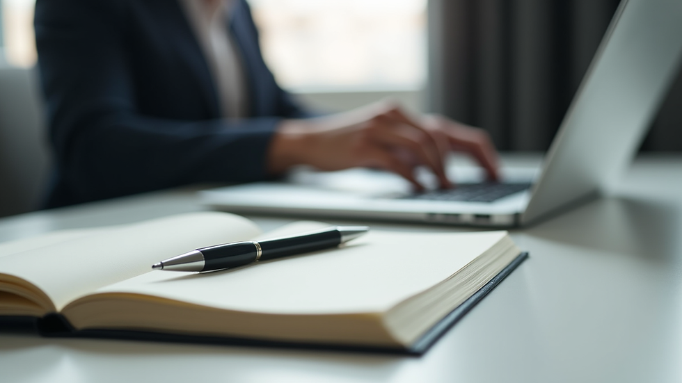 Close-up view of a notebook and pen next to a laptop during a virtual meeting