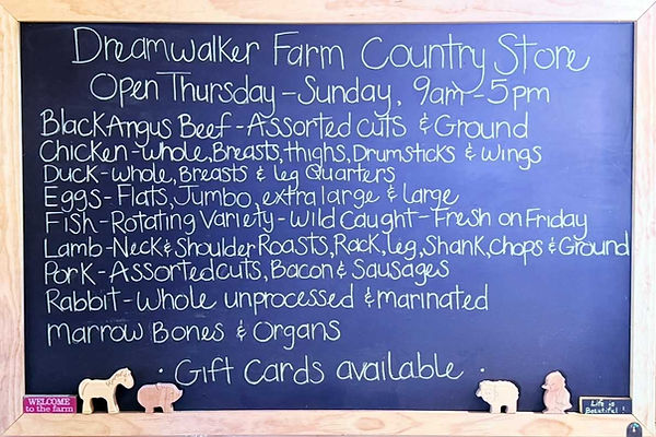 The chalkboard at the Dreamwalker Farm Country Store in Grand Isle, VT, showcasing current food offerings