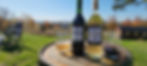 Two wine bottles with two wine glasses sitting on top of a barrel, in front of the vineyard.
