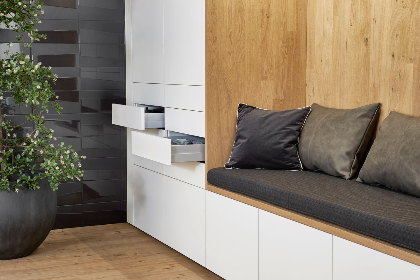 Luxury kitchen with matt white kitchen cabinets and gold hardware accents