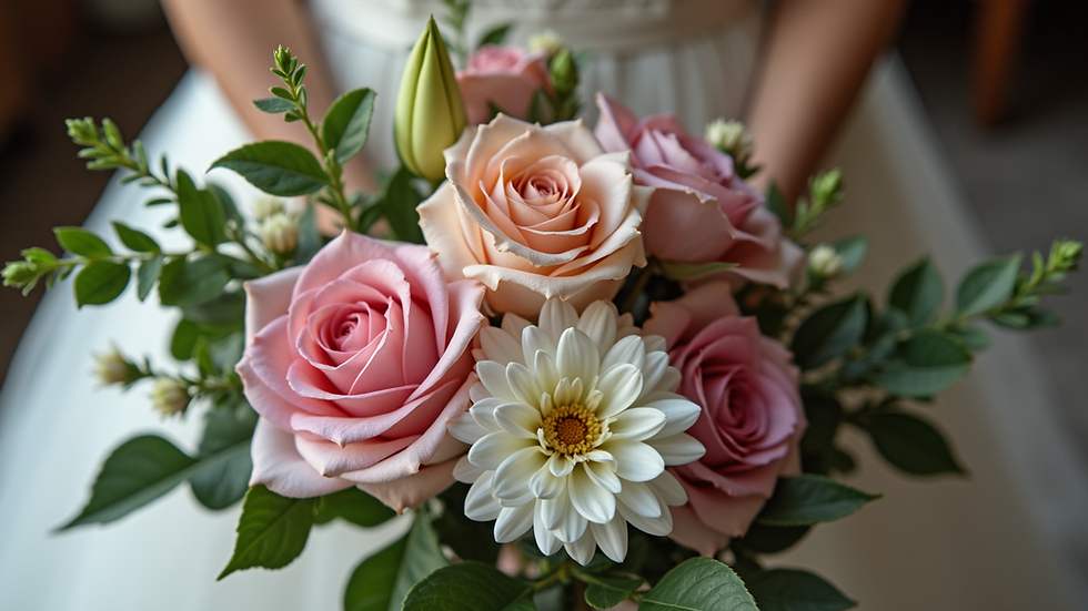High angle view of a bridal bouquet with unique flowers and greenery