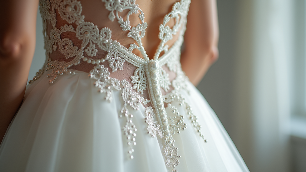 Close-up view of intricate lace and beadwork on a wedding gown