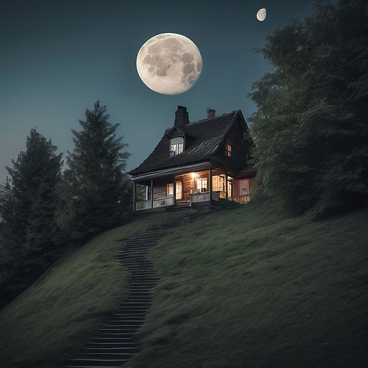 Far in the distance sits a small cottage high on a hill with a long flight of stairs up to