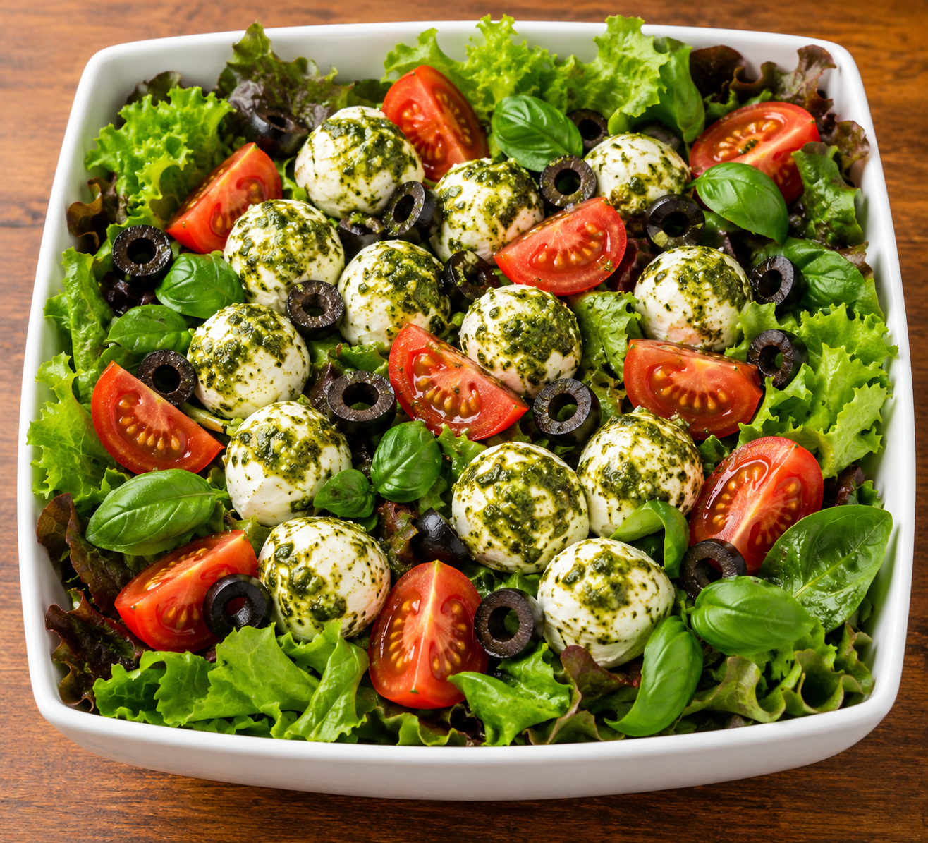 Ensalada Caprese formato familiar con bocconcinos, tomate cherry, aceitunas negras, pesto y lechuga hidropónica.