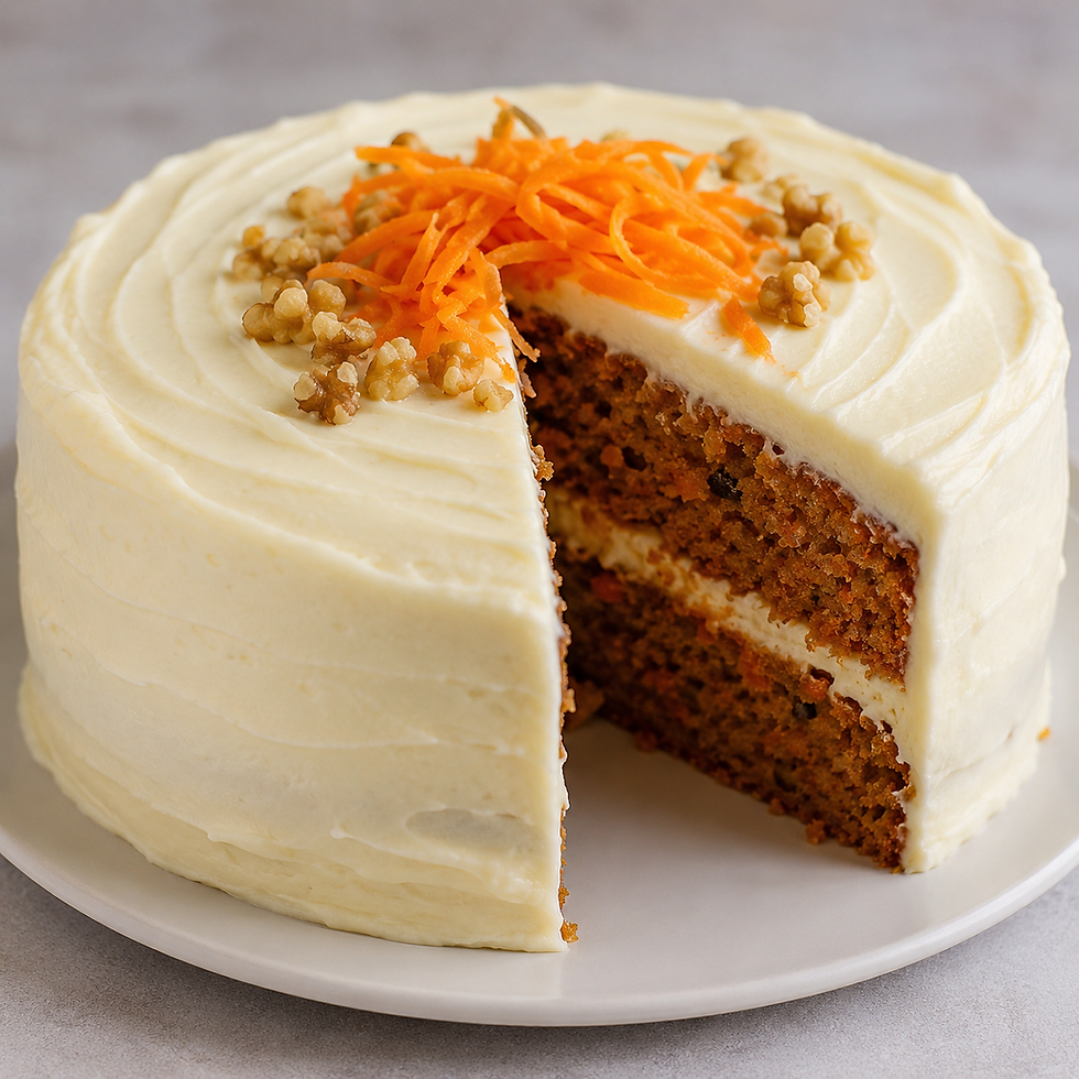 Torta Carrot Cake de bizcocho de zanahoria con especias y nueces, rellena y cubierta con frosting de queso crema.