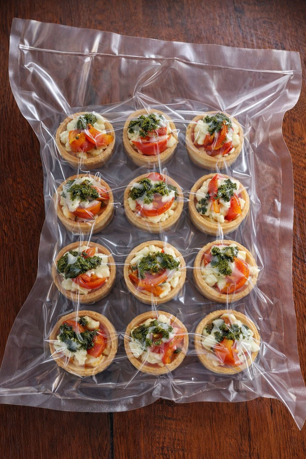 Miniatura: Bolsa al vacio de fingerfood mozzarella, tomate asado y pesto en masitas horneadas gourmet.