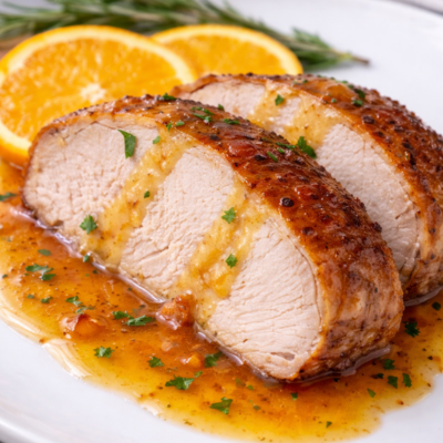Pavo a la naranja servido en plato gourmet, con delicadas lonjas de pavo horneado y salsa cítrica brillante de naranja.