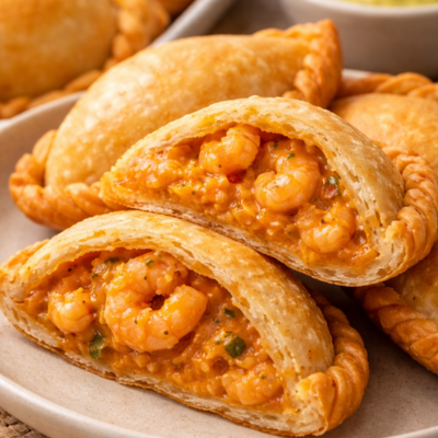Empanadita de picante camarones, rellenas con un suave guiso peruano con queso rallado, ají amarillo peruano, nueces.