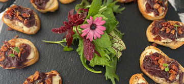 Cóctel titulación: crostini camembert cebolla caramelizada