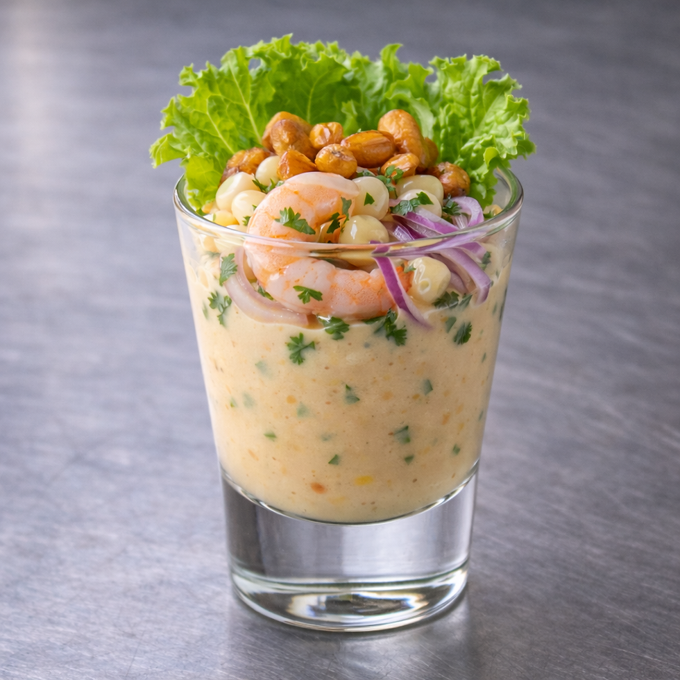 Mini tiradito de camarones, acevichados en una cremosa leche de tigre, cebolla morada, choclo peruano.