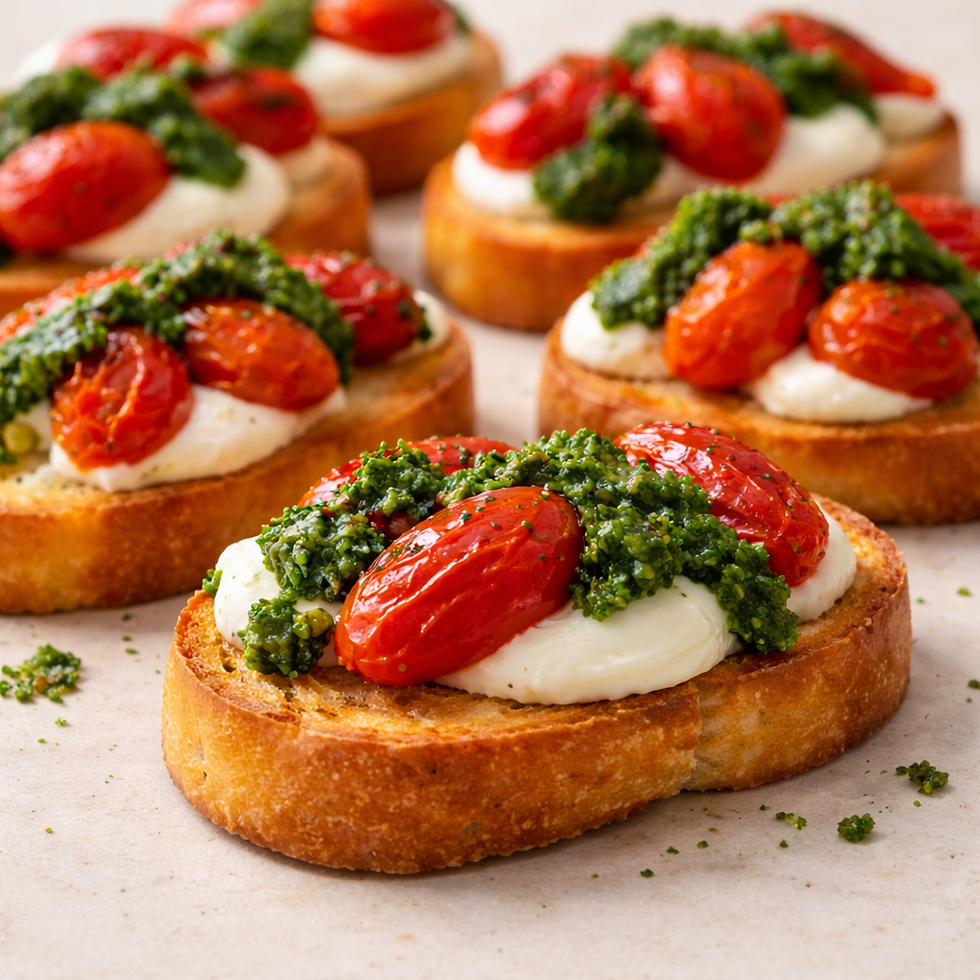 Tostadas de baguette con tomates cherry asados, queso crema y pesto de albahaca.