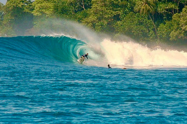 Surfer riding a wave, and surfer swimming out to it