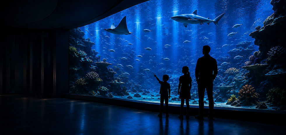 Visitors exploring a world-class public aquarium representing ArcVigil’s independent aquarium consultancy for public aquariums, zoological facilities and marine-life attractions.