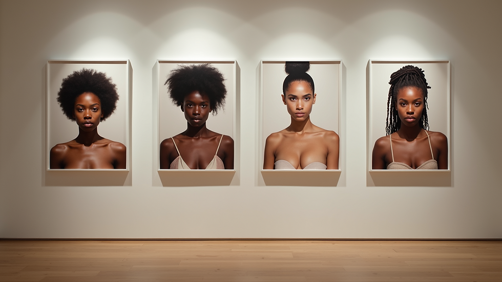 Eye-level view of a gallery wall displaying portraits of diverse bodies in contemporary art