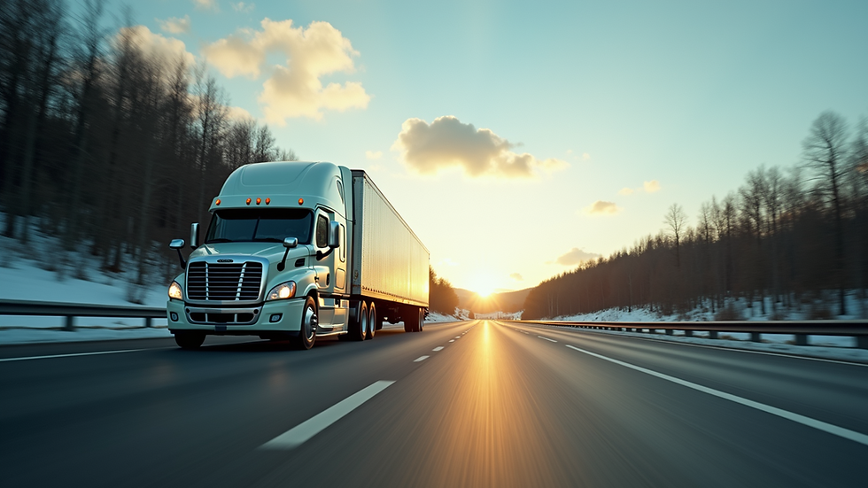 Eye-level view of a Cascadia truck on a busy highway