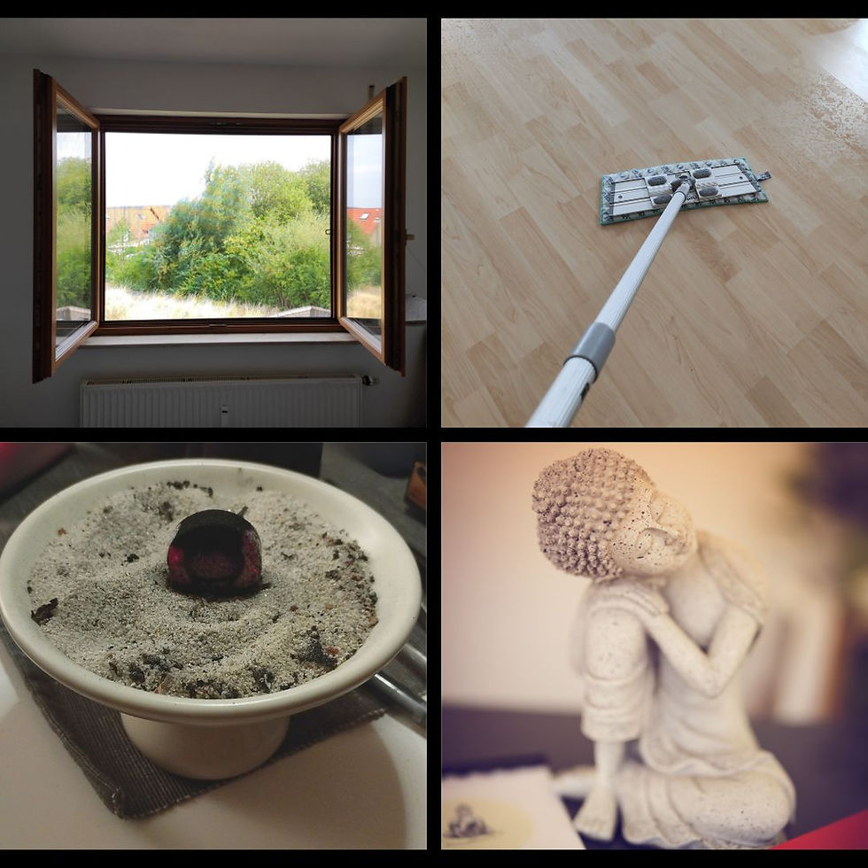 Fenster, Wischmopp, Räucherschale und Buddhafigur